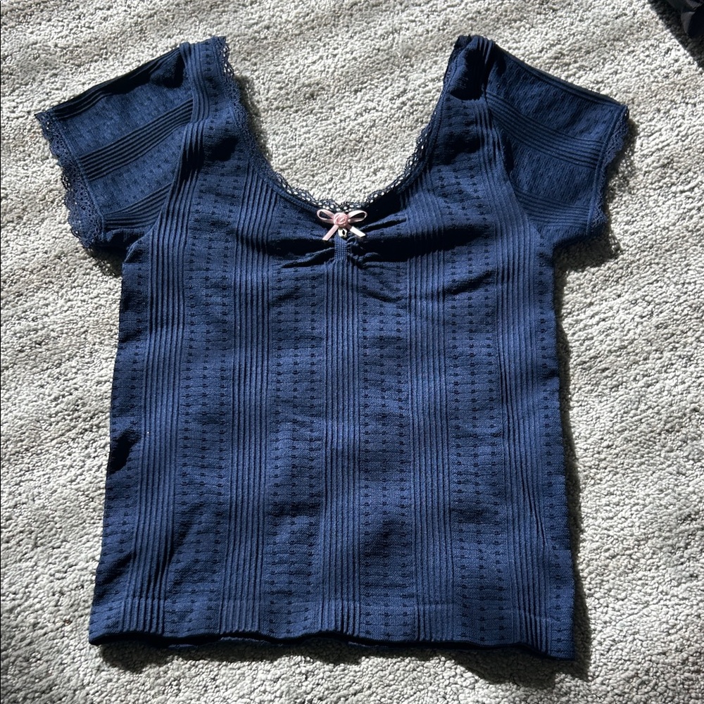 Navy Lace-Trim Knit Short Sleeve Top